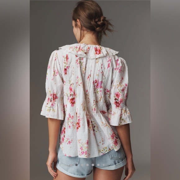 By Anthropologie Ruffled Pin-Tuck Button-Front Blouse - Picture 2 of 7